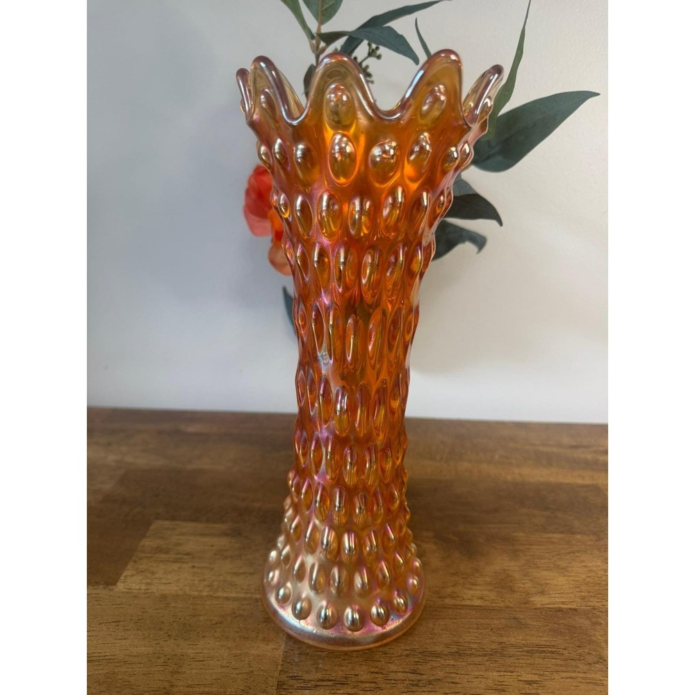 Antique Fenton Marigold Rustic Carnival Glass Vase Iridescent Hobnail Ruffled
